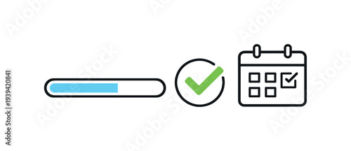 Progress bar, checkmark, and calendar icons symbolizing task completion and scheduling