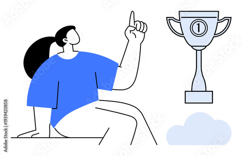 Achievement concept. A woman pointing at a trophy recognition and success. Achievement highlighting leadership, motivation, and personal goals. Great for career growth, motivation content, education
