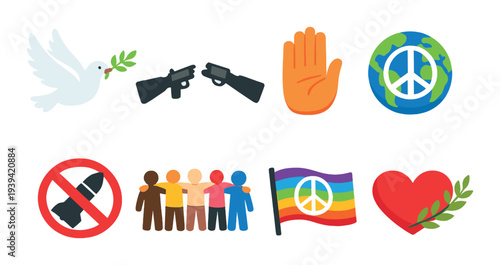 Peace and unity icons displayed on dark gradient background