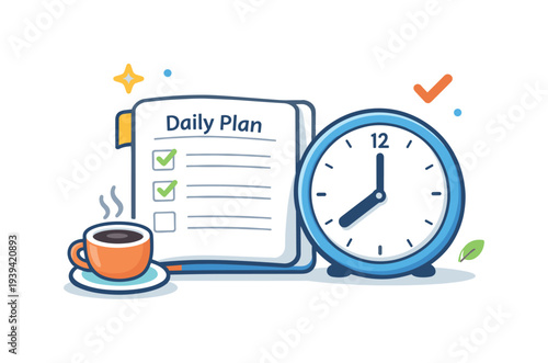 Daily planning concept with a checklist, clock, and coffee cup illustration