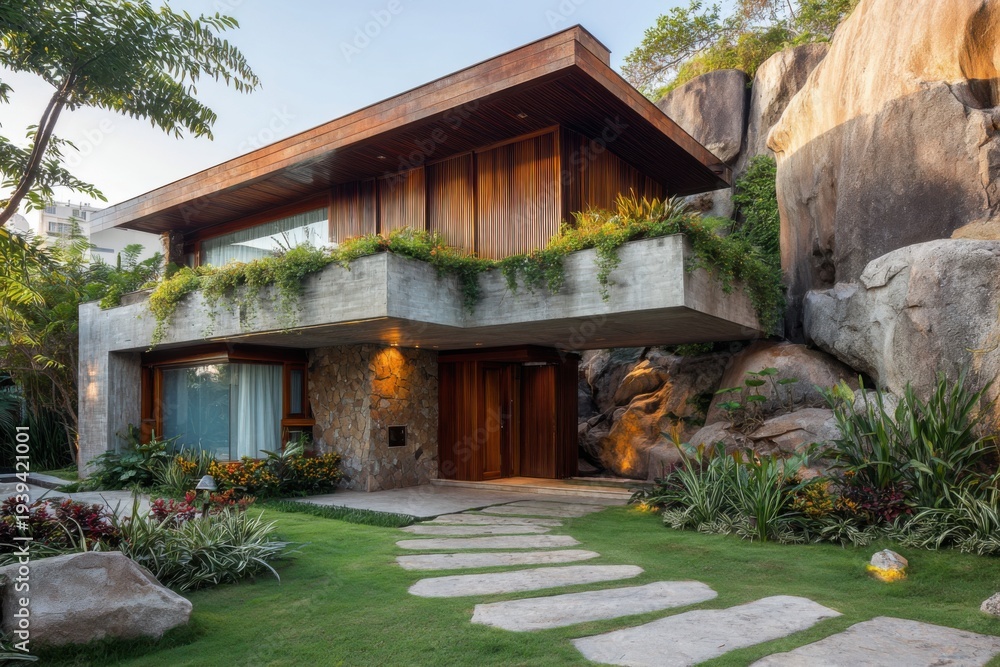 Fototapeta premium Modern house design featuring natural materials and landscaping, situated among large rocks and greenery during daylight, showcasing the fusion of architecture and nature
