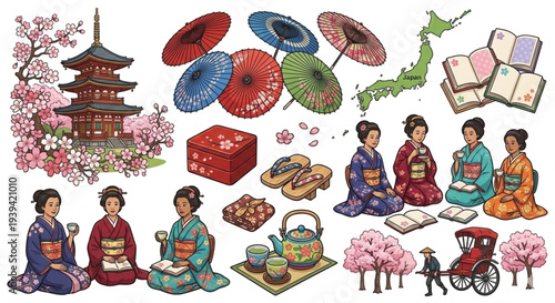 Japanese Cultural Elements and Cherry Blossom Sakura Vector Illustration Set, Traditional Kimono, Pagoda, Tea Set, and Wagasa Umbrella Isolated on White Background.
