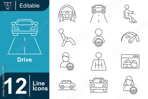 Collection of Line Icons Related to Driving and Transportation, Including Cars, Steering Wheels, and Traffic Symbols on a Teal Background