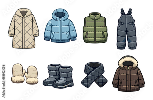 Winter jackets and accessories arranged on dark gradient background