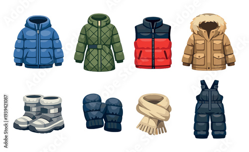 Variety of winter coats and accessories arranged on dark background