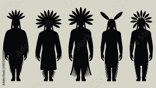 Set of 5 Native American tribal chief silhouettes vector illustrations, depicting traditional feathered headdresses and cultural attire, ideal for historical or cultural design projects.