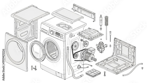 Washing Machine Exploded Technical Diagram, Laundry Appliance Mechanical Assembly Drawing