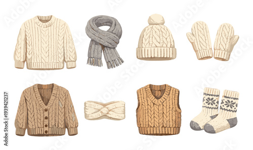 Knitted winter accessories arranged on warm gradient background
