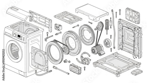Washing Machine Exploded View Diagram, Household Laundry Appliance Assembly Illustration