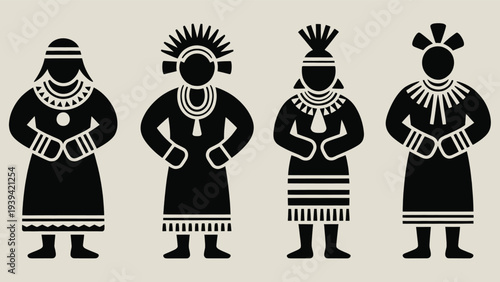 Set of 4 Black and White Ethnic Tribal Figures Vector Illustrations with Traditional Clothing and Headdresses for Cultural Design