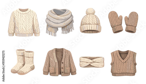 Collection of knitted winter garments displayed on muted background