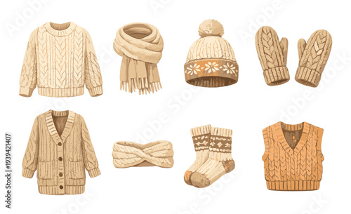 Assorted knitted winter garments displayed on beige background