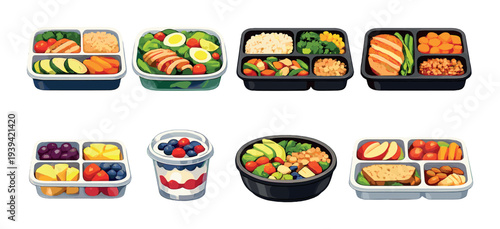 Prepared lunch and salad containers displayed on dark background