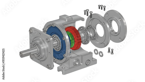 Helical Gear Drive Exploded View Diagram, Color Coded Gearbox Assembly Engineering Model