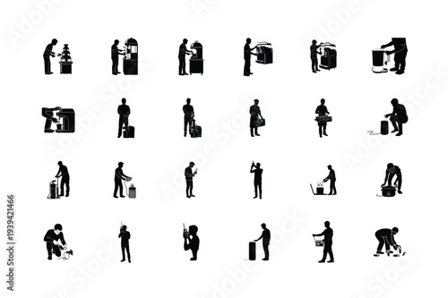 People Using Tools and Devices Black Silhouette Icons Collection Vector Set