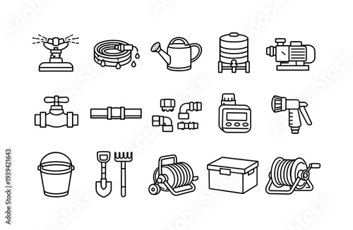 Collection of line art icons representing various gardening and irrigation tools and equipment