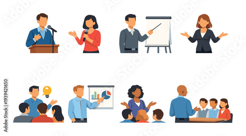 Speakers presenting ideas and charts to small groups in classroom