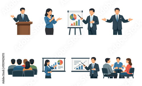 Business speaker at podium and presenters explaining charts in room