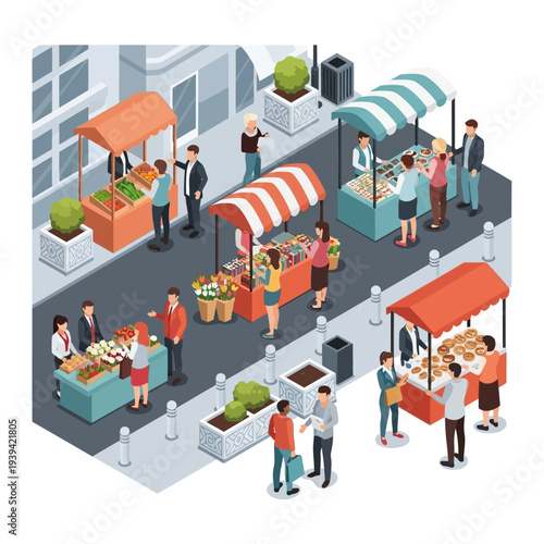 Vibrant Outdoor Market Scene with Various Food Stalls and Shoppers.