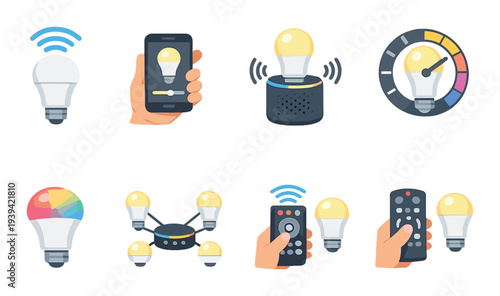 Smart bulbs and control devices displayed on dark interface