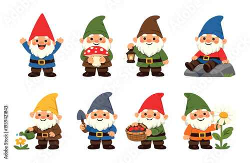 Set of gnome characters in various poses with garden props