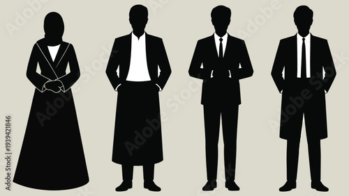 Set of 4 diverse business professional silhouettes vector, featuring a woman in a hijab and men in various formal and traditional attire, ideal for corporate and cultural representation.