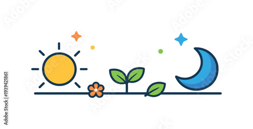 Sun and moon icons with growing plant and flower on a line