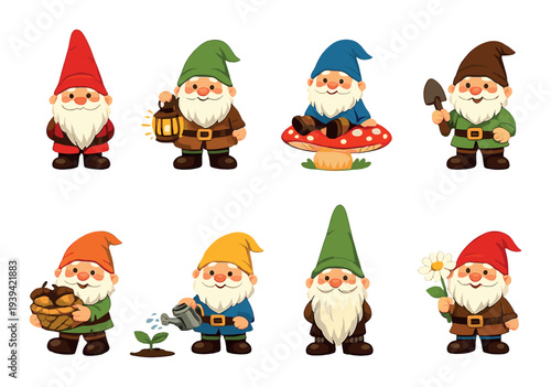 Garden gnomes in various poses holding props on dark background