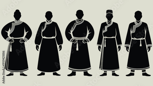 Set of 5 Mongolian traditional clothing vector silhouettes, featuring various historical costumes and robes for cultural and historical design projects