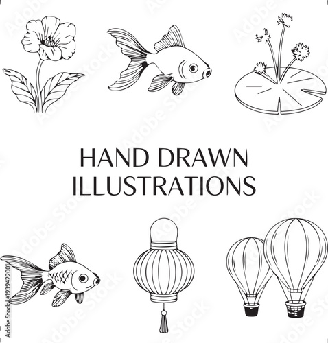 Hand‑drawn illustration set — black and white line art featuring flower, fish, lily pad, lantern, and hot air balloons