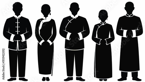 Set of 5 black vector silhouettes depicting Chinese people in traditional clothing, including men in Tang suits and women in cheongsams, ideal for cultural graphics and presentations.