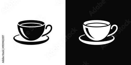 Black and white coffee cup on contrasting backgrounds tea cup and saucer two-tone