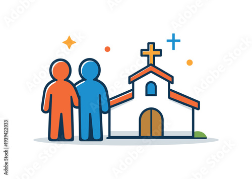 Two people standing in front of a stylized church building with a cross on top