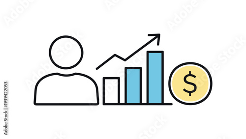 Business growth and financial success icon with person, bar chart, and dollar coin