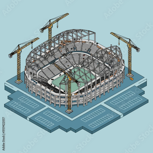 Isometric view of a large stadium under construction with cranes.