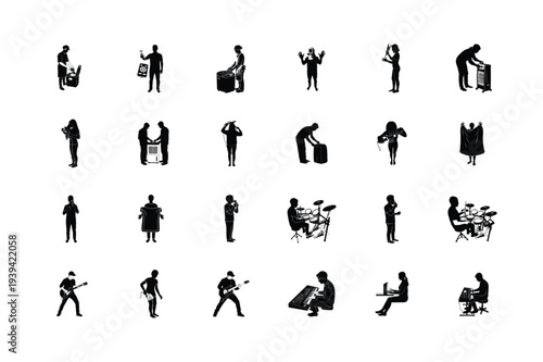 People Using Tools and Devices Black Silhouette Icons Collection Vector Set