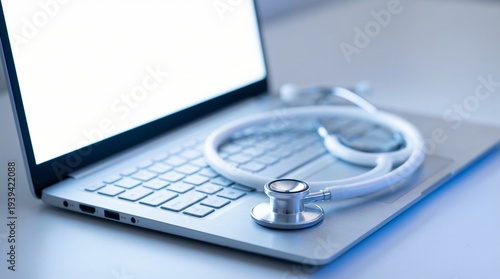 Obraz na plátně Macro shot of a medical stethoscope resting on a modern laptop keyboard for telemedicine concept