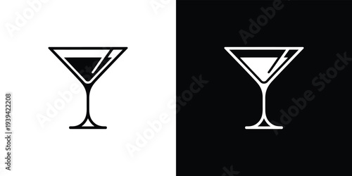 Black and white martini glass on split background cocktail glass symbol drinkware