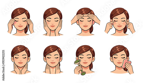 Woman demonstrating facial massage and gua sha technique