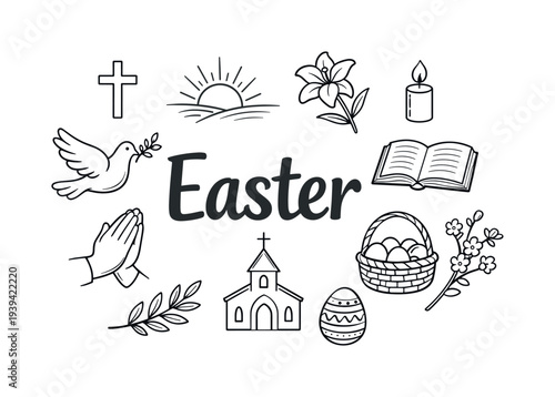 Easter symbols collection with text and religious icons in doodle style