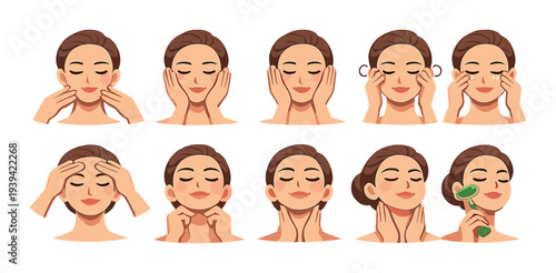 Woman demonstrating facial massage with roller on plain background