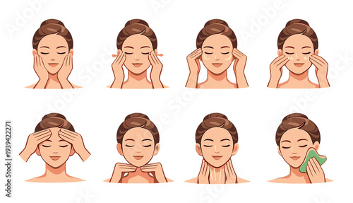 Woman demonstrating facial massage steps on plain background