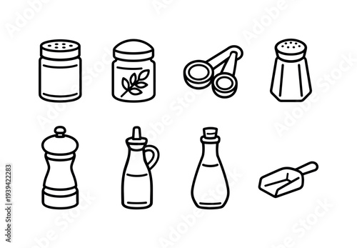 Collection of kitchen utensil icons for cooking and seasoning, simple line art