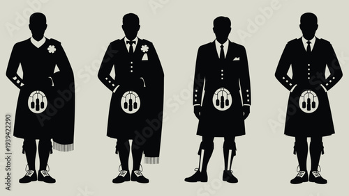 Set of 4 Scottish Kilt Outfits Vector Illustrations Featuring Traditional Highland Dress and Formal Wear for Men