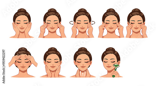 Woman performing facial massage with a tool on plain background