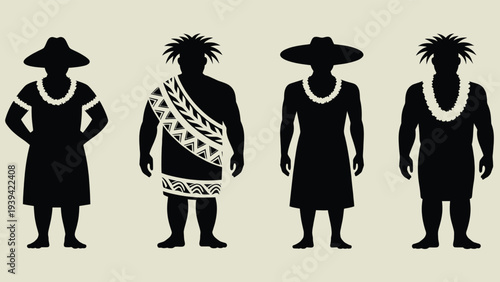 Set of 4 Black Silhouette Vector Icons Depicting Traditional Indigenous People in Cultural Attire and Headwear, Ideal for Diversity and Heritage Themes