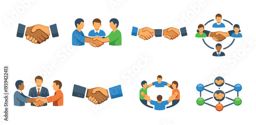 Handshake and group partnership icons displayed on dark background