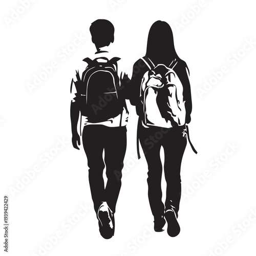 vector silhouette of students going to school