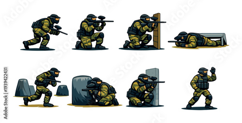 Yellow uniform soldiers assault and cover maneuvers on dark background