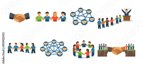 Groups and handshakes connecting people on dark background